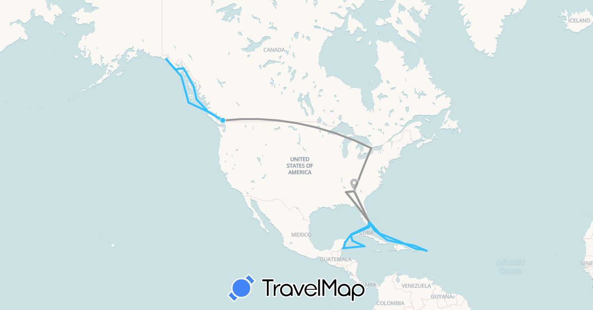 TravelMap itinerary: driving, plane, boat in Bahamas, Canada, Cayman Islands, Mexico, Netherlands, Puerto Rico, United States, British Virgin Islands (Europe, North America)