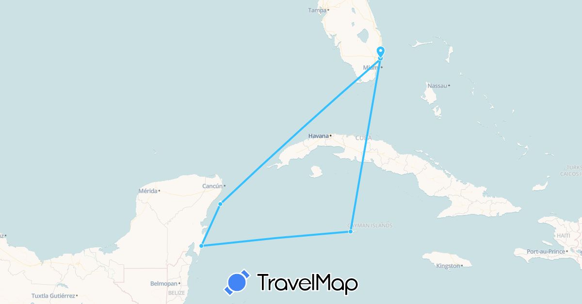 TravelMap itinerary: driving, boat in Cayman Islands, Mexico, United States (North America)