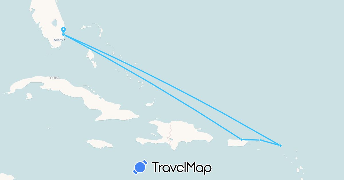 TravelMap itinerary: driving, boat in Saint Martin, United States, British Virgin Islands (North America)